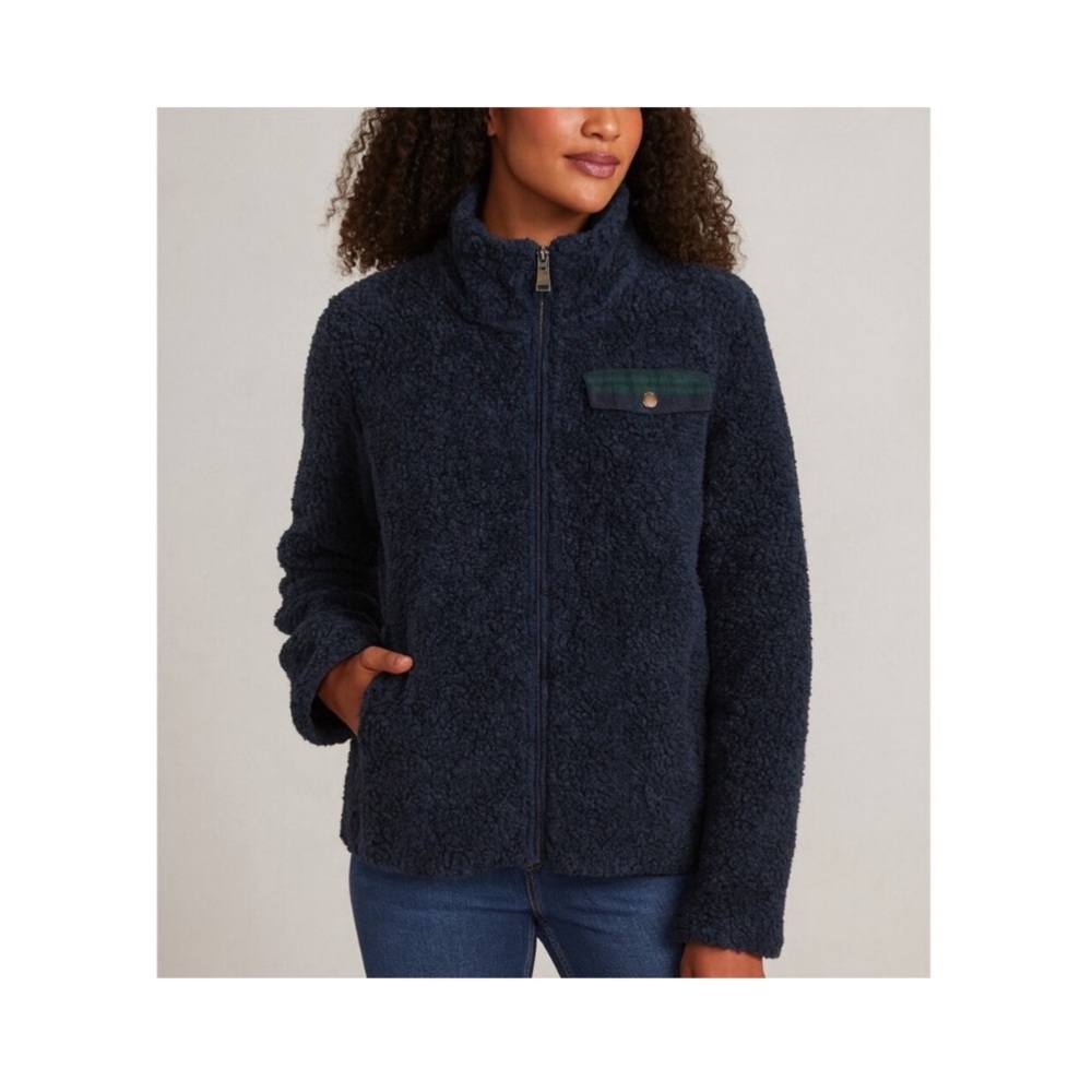 Pendleton Navy Sherpa Zip-Up Jacket with Plaid Chest Trim